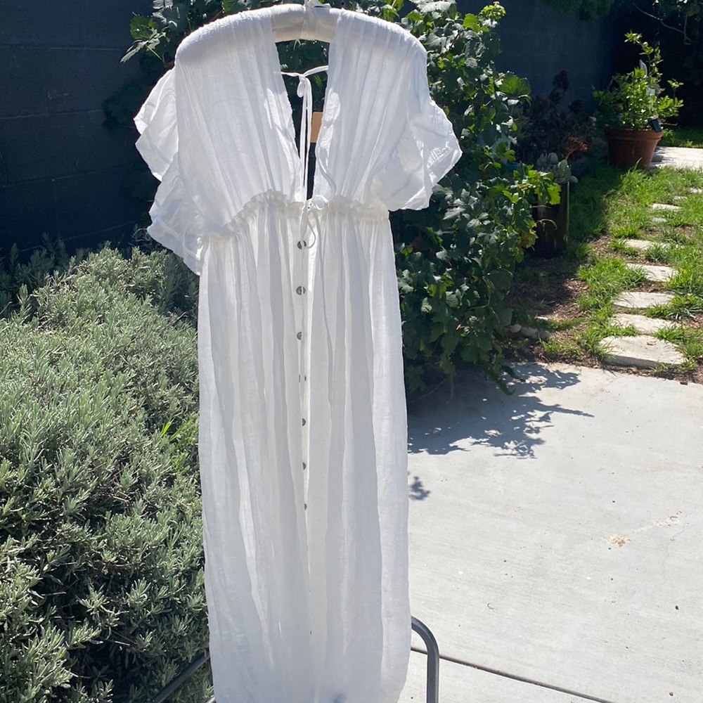 New Boho Deep Plunge Maxi Gauze Cover Up Dress Summer White Cotton Blend